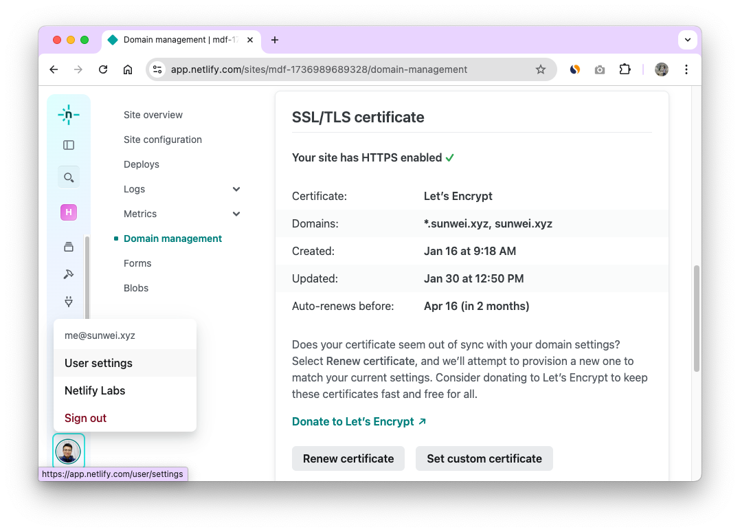 Netlify User Setting